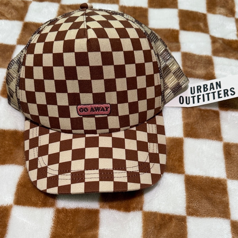 Urban Outfitters Brown & Cream Checkerboard Trucker Hat - "Go Away" Patch